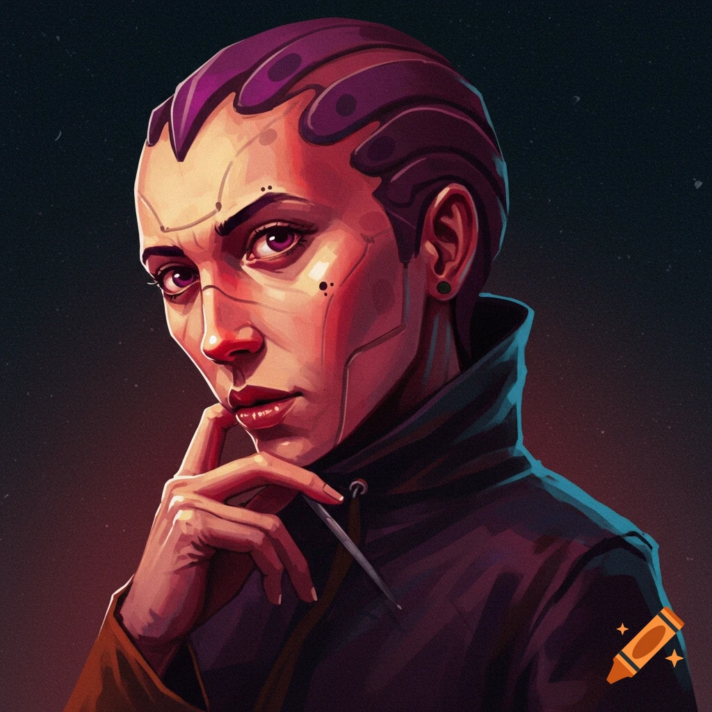 A person with cybernetic features, purple hair, and purple eyes, touching their chin.