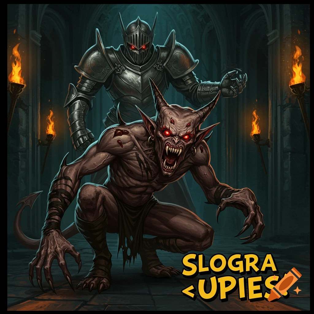 A demonic creature in the foreground and a knight behind it in a castle hallway with torches. Text reads "SLOGRA <UPIES!".