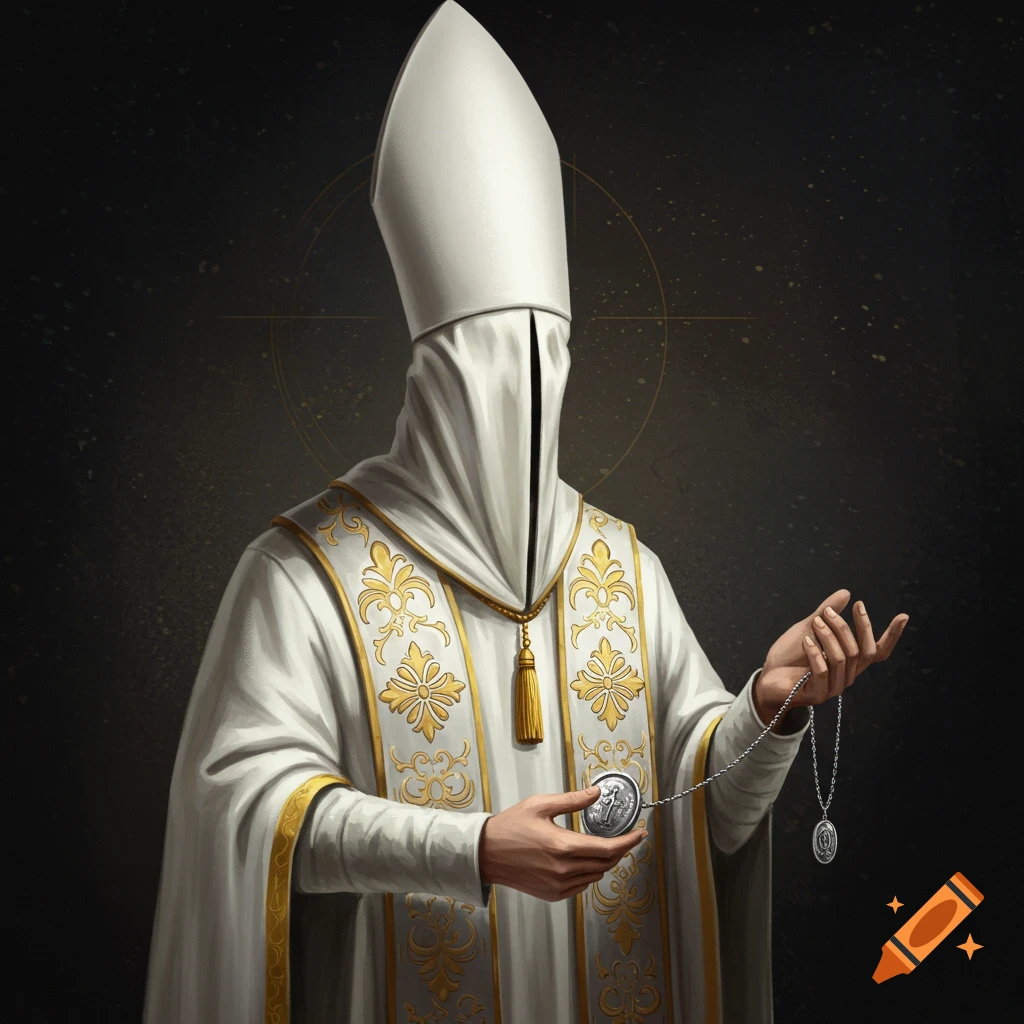 A mysterious figure in white robes and hat, face covered, holding medallions.