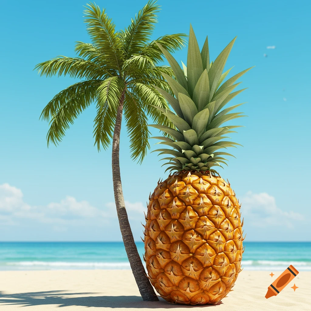 Large pineapple on a beach next to a palm tree with ocean and sky in background, photorealistic.