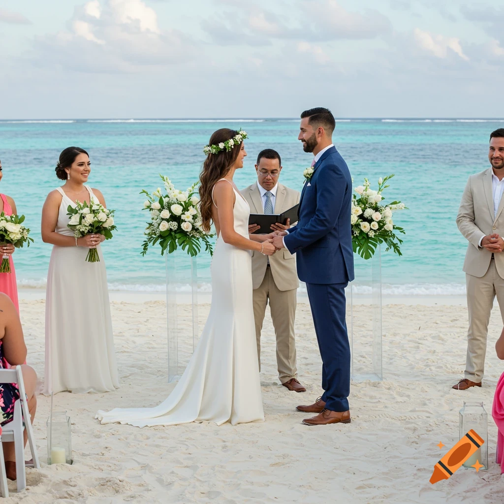 A couple gets married during a beach wedding ceremony.