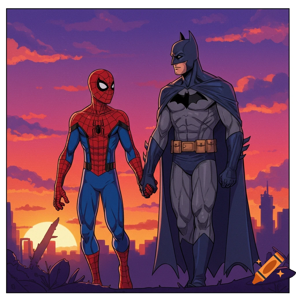 Spider-Man and Batman holding hands at sunset over a city, illustration.