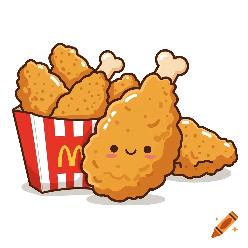 A cute cartoon fried chicken leg in a fast food box with other chicken pieces, vector graphic style.