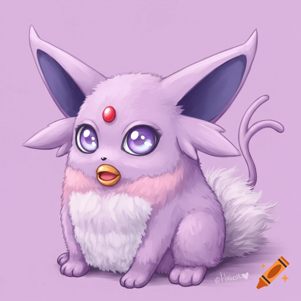 A cute purple creature with large ears, resembling a mix of Espeon and Furby, on a purple background.