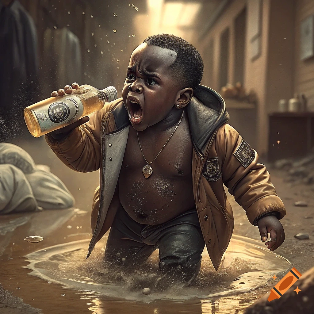 A young child yells while standing in a muddy puddle, holding a bottle to their mouth. They wear a gold necklace and earring, a jacket, and pants.