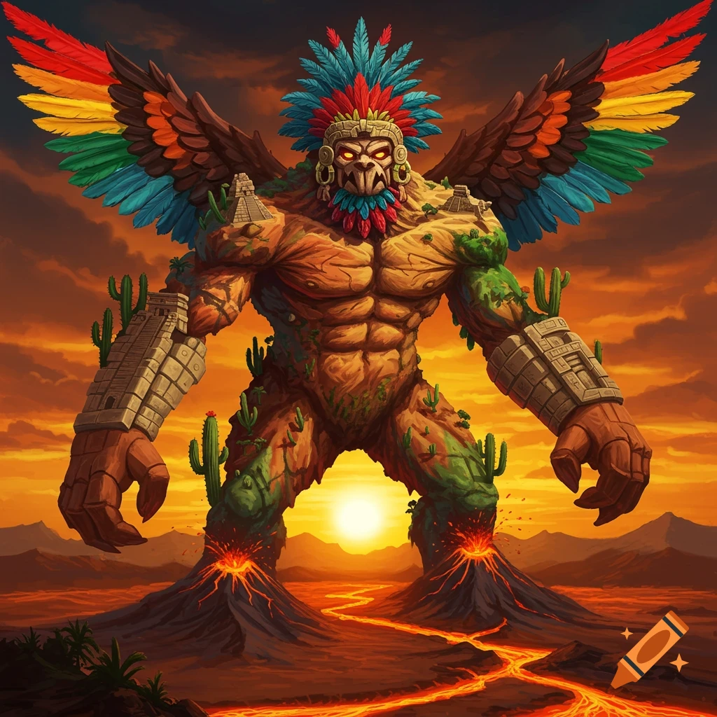 Large elemental monster made of rock and plants with feathered wings stands on erupting volcanoes at sunset.