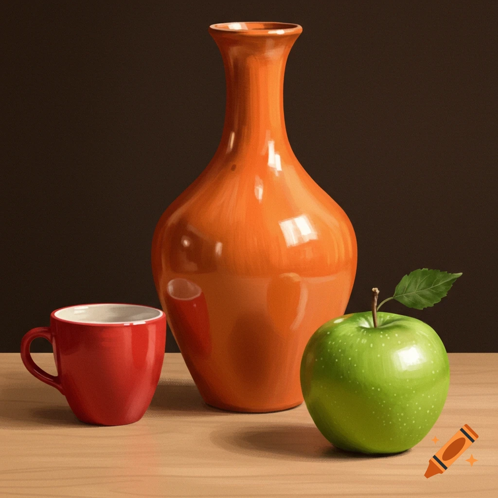 A still life with an orange vase, red cup, and green apple on a wooden table.