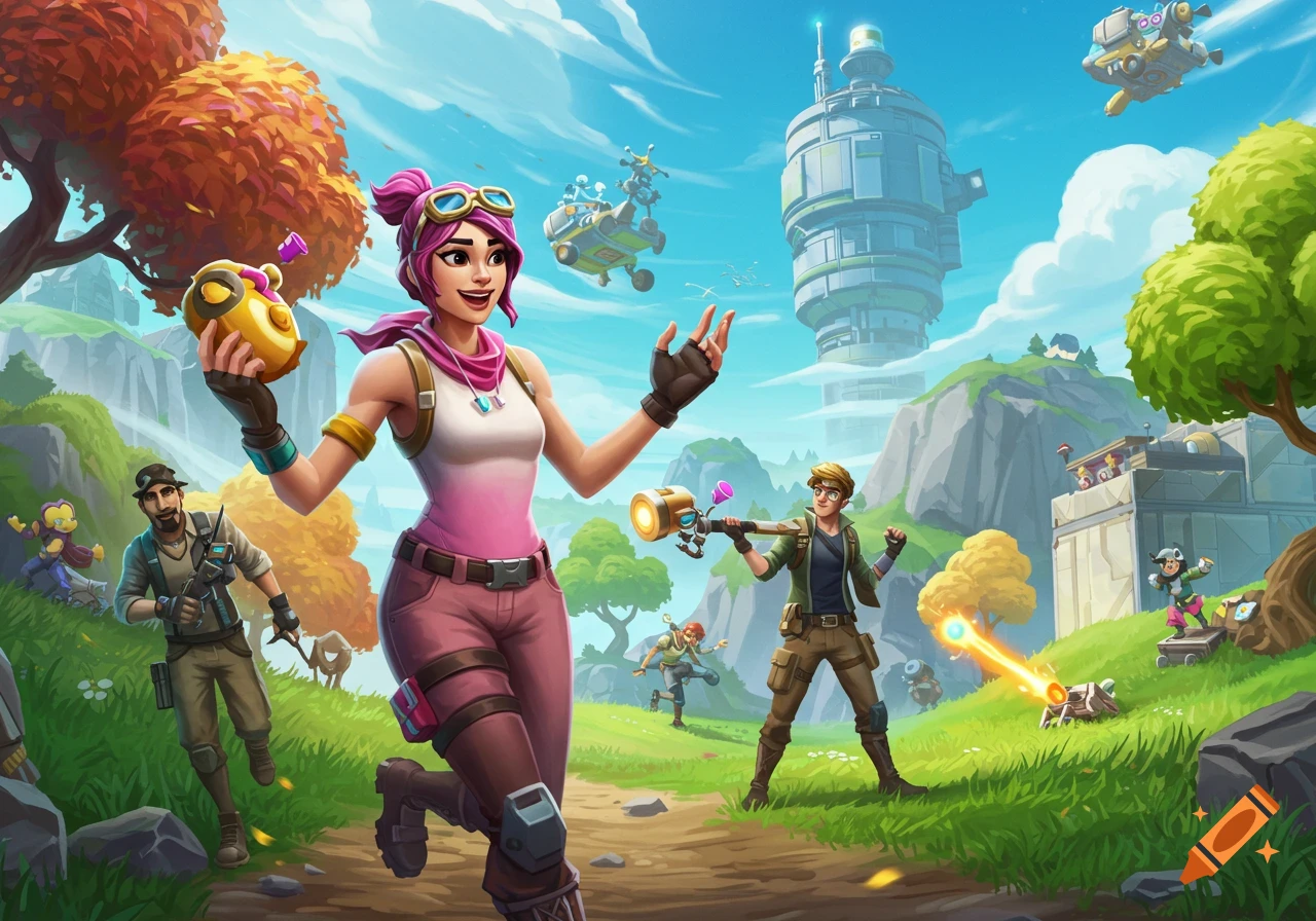 Fortnite characters in a stylized landscape