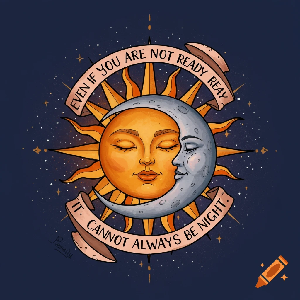 A stylized image of a sun and moon with faces embracing, surrounded by a text banner against a starry sky.