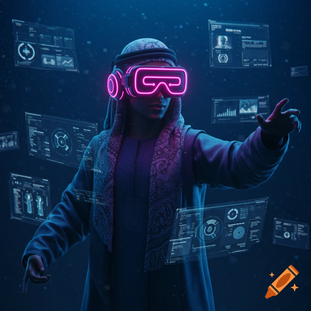A person in traditional Arab clothing wearing a glowing VR headset interacting with floating digital screens in a dark, futuristic scene.