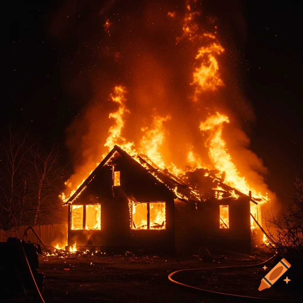 A house engulfed in raging fire at night.