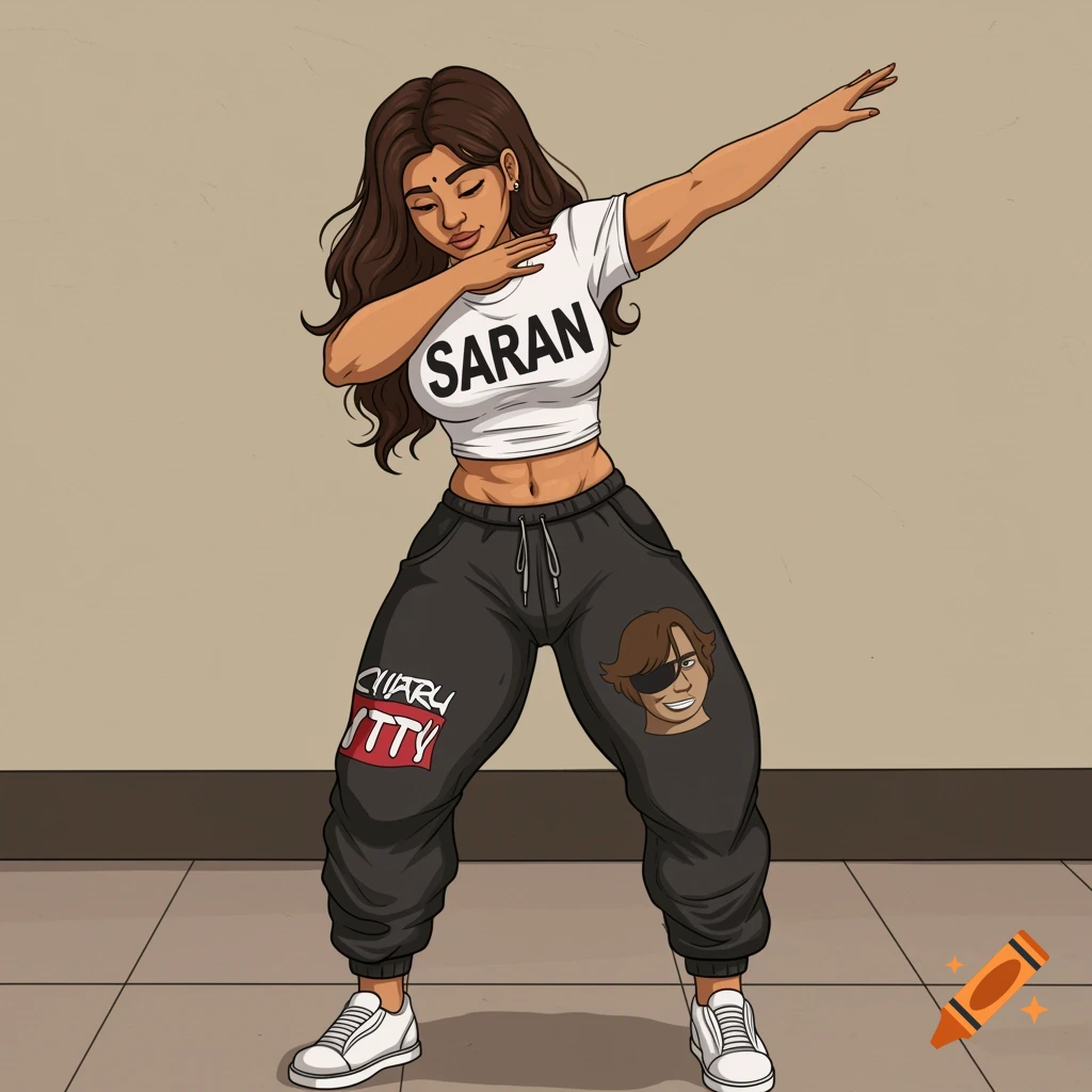 Cartoon illustration of a buff Indian woman with dark hair dabbing. She wears a white crop top with "SARAN" and black sweatpants with graphics.