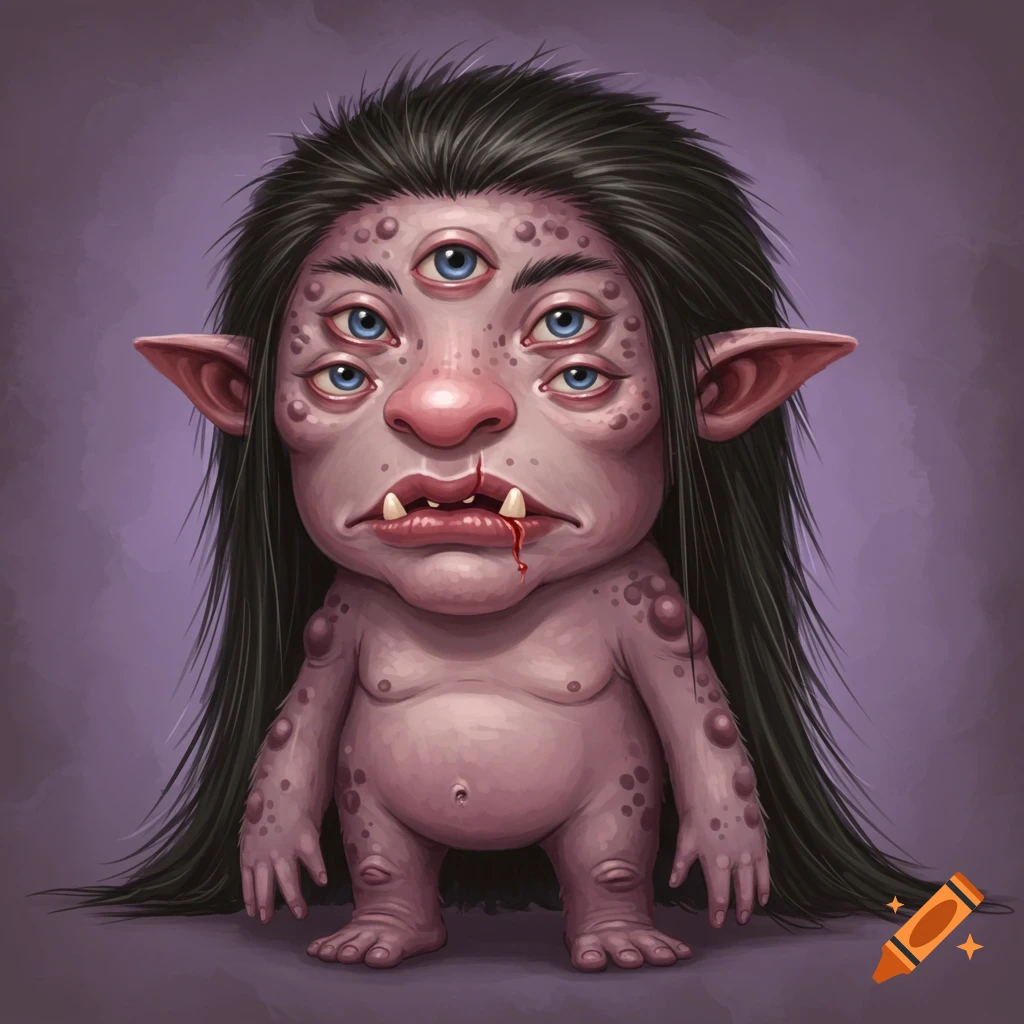 A cartoonish monster with six blue eyes, long black hair, large ears, fangs, and pinkish skin with moles, standing on a purple background.