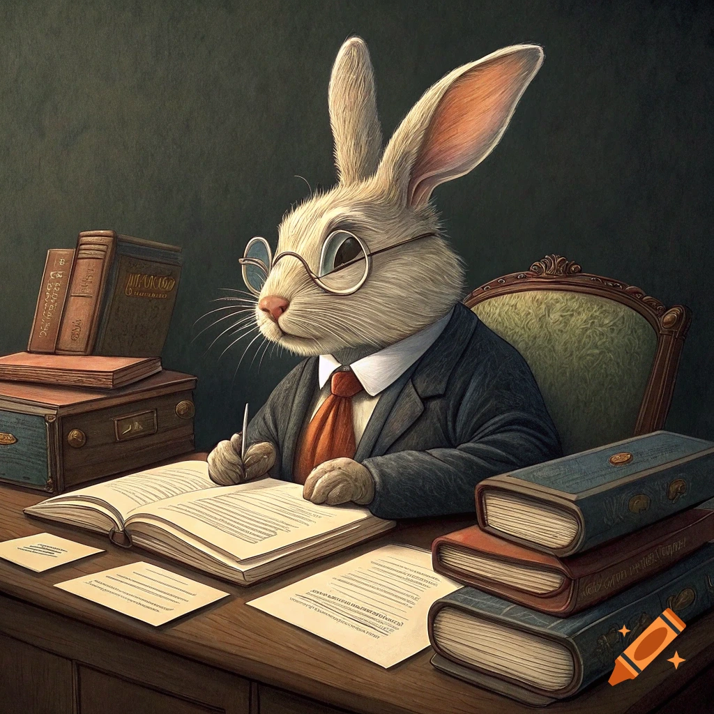 A rabbit wearing glasses and a suit writes in a book at a desk stacked with books.
