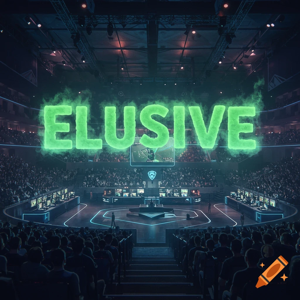 The word Elusive in foggy green text hangs above a major league gaming arena packed with a crowd.