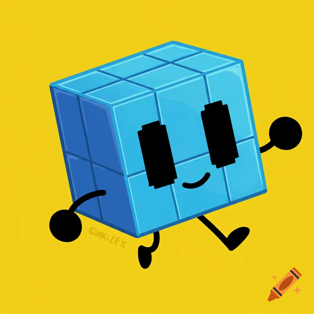 A blue blocky character with pixel eyes and stick limbs runs against a yellow background in a digital illustration.