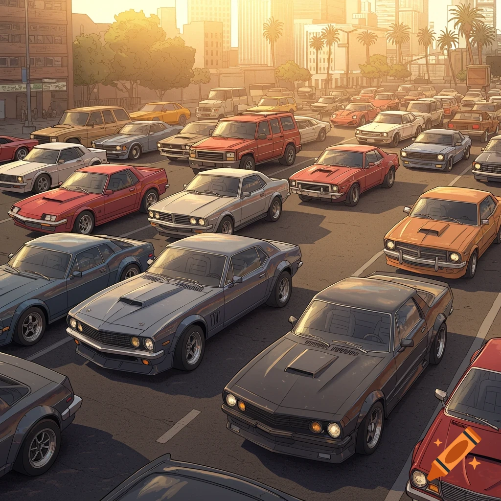 A busy street scene filled with many cars, with buildings and palm trees in the background.