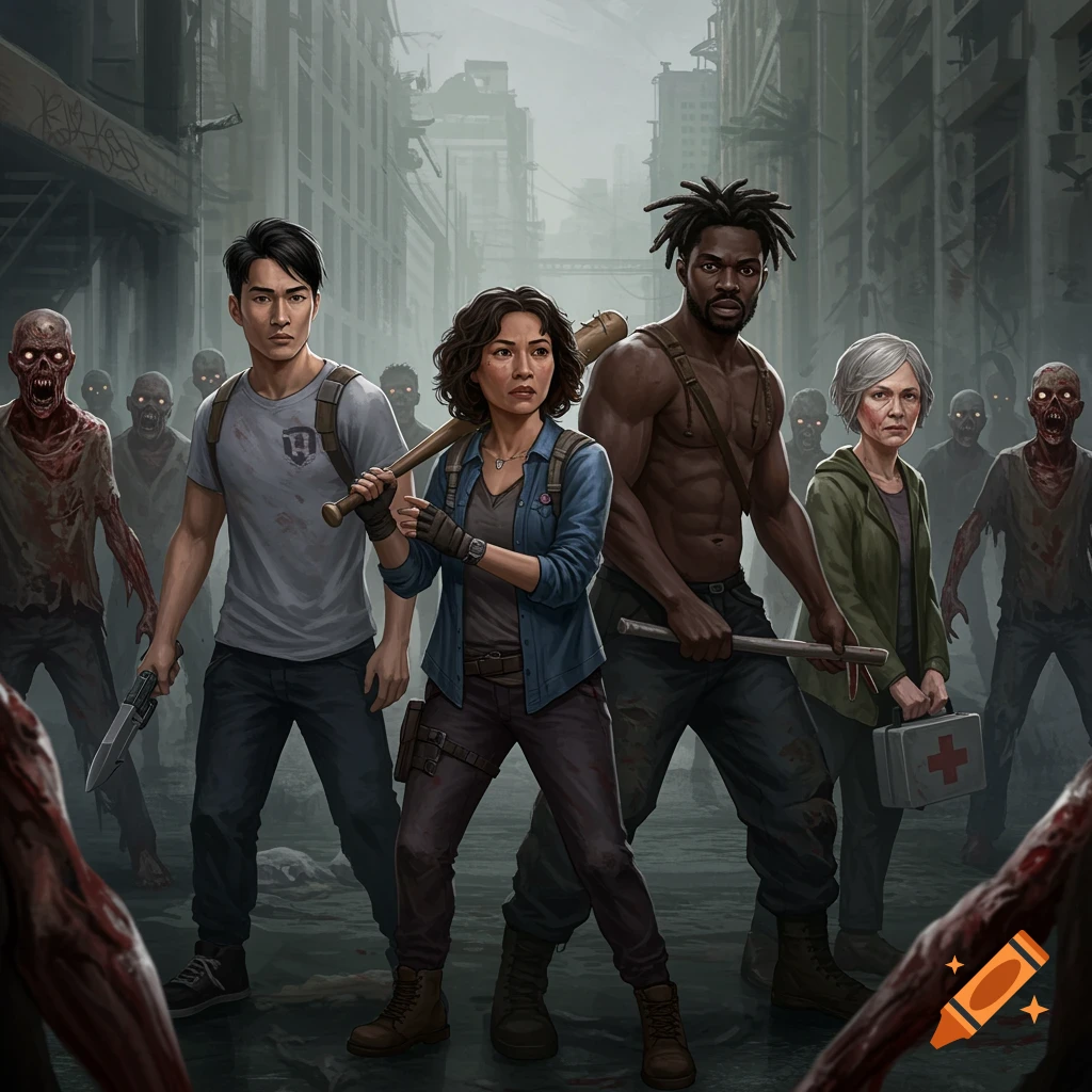 Diverse survivors are fighting zombies in a ruined city.