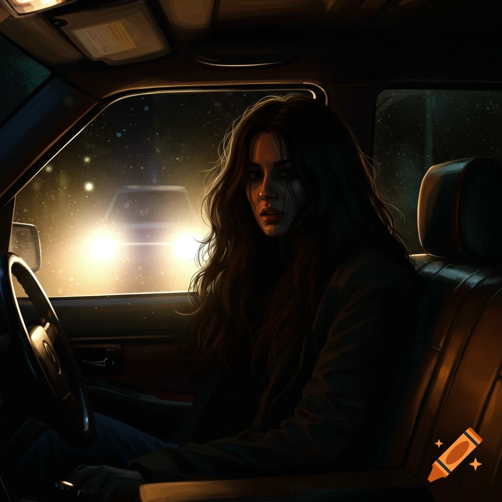 A woman with dark hair is in a car at night, blinded by bright headlights.