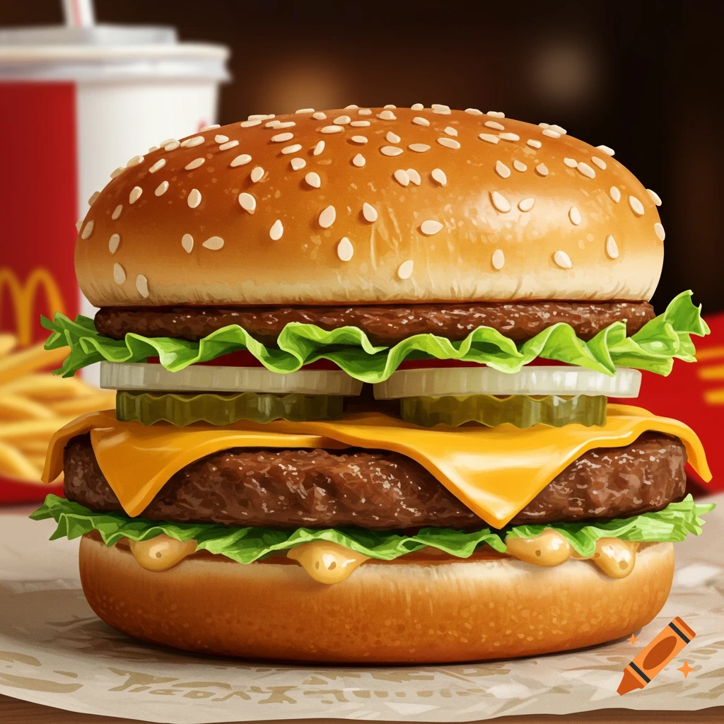 Detailed image of a large hamburger with all the fixings, with blurred fast food background.