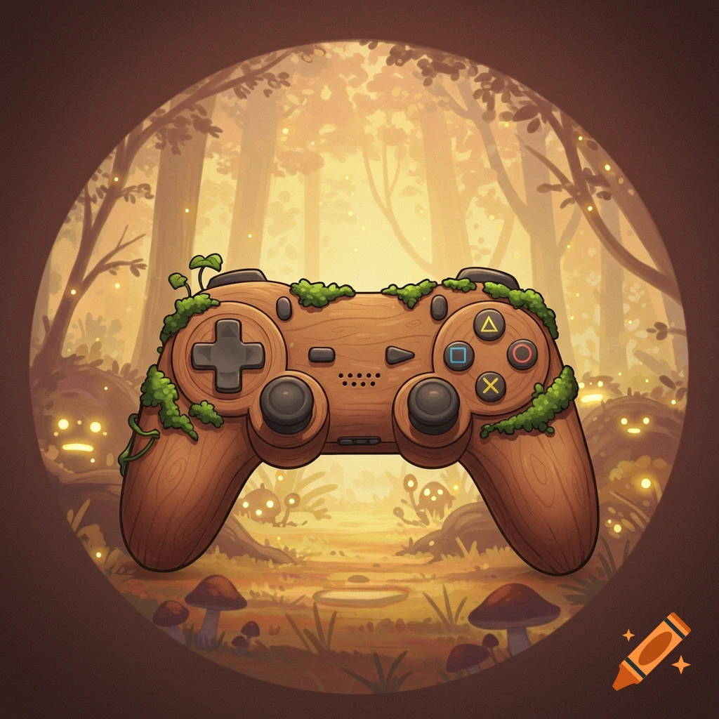 A wooden video game controller with moss and vines sits in a forest clearing filled with glowing creatures, in a Studio Ghibli style.