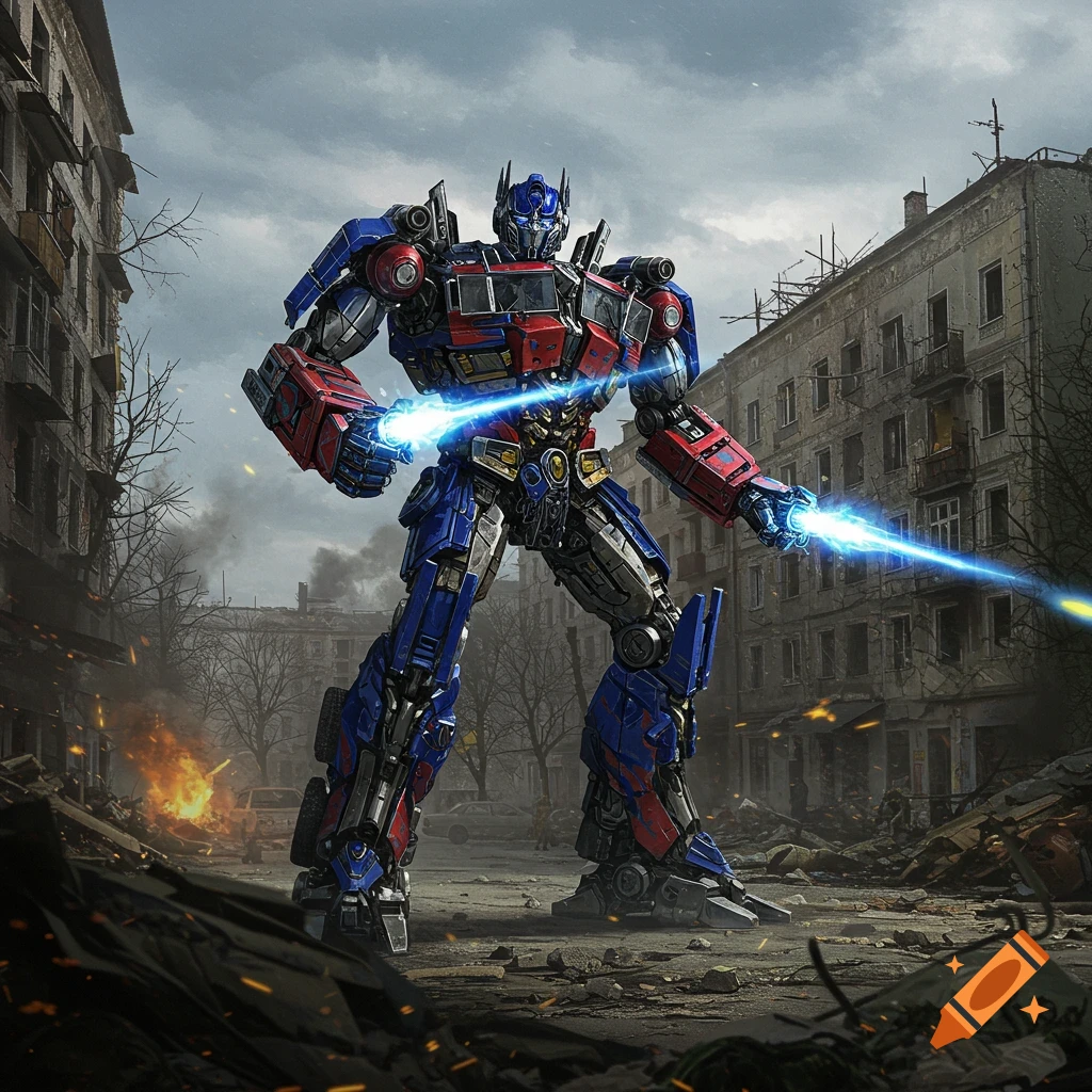 Optimus Prime stands in a ruined city wielding blue energy weapons.