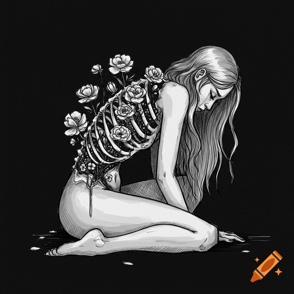 Black and white sketch of a woman sitting with her back exposed, showing ribs intertwined with flowers.