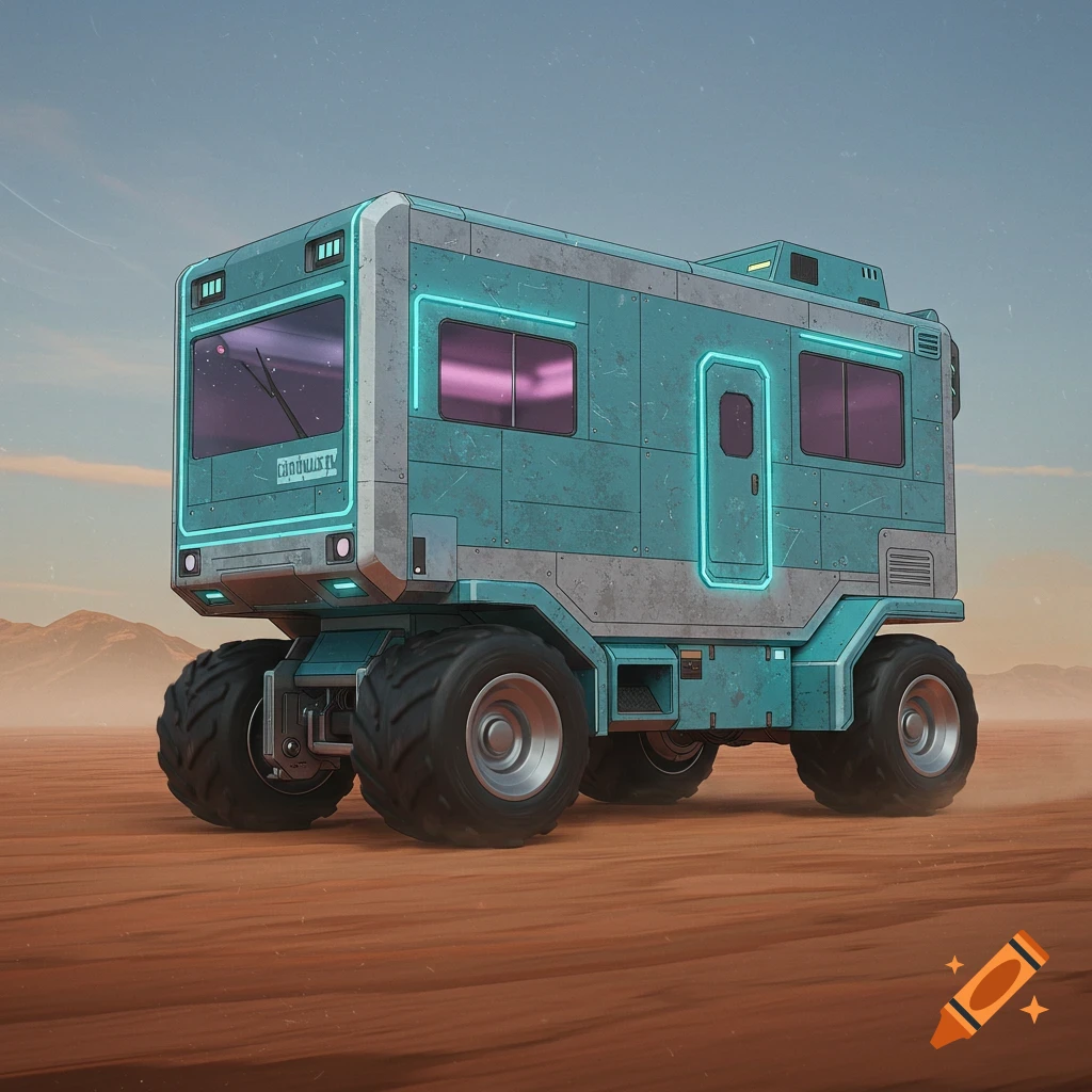 A futuristic blue and gray camper with large wheels sits in a desolate, dusty landscape.
