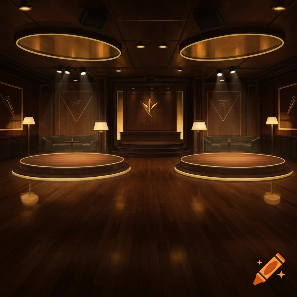 Empty, modern club interior with two circular stages.