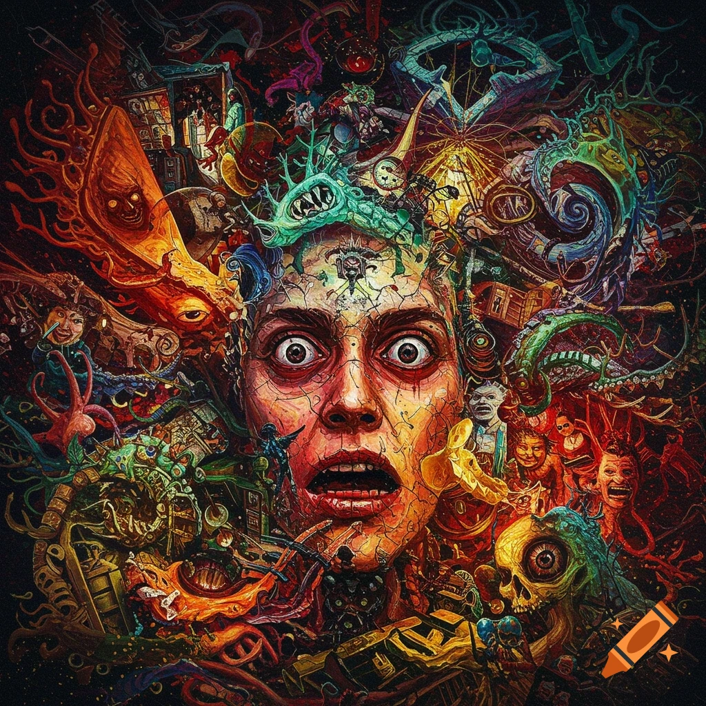 A distorted face surrounded by swirling, chaotic, surreal forms, depicting madness.