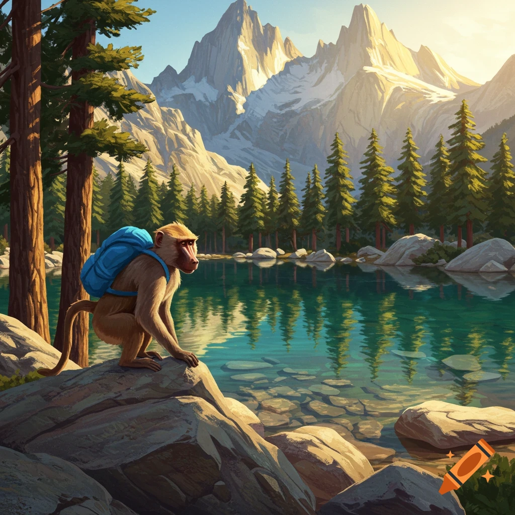 A baboon with a backpack sitting on a rock beside a lake with mountains in the background.