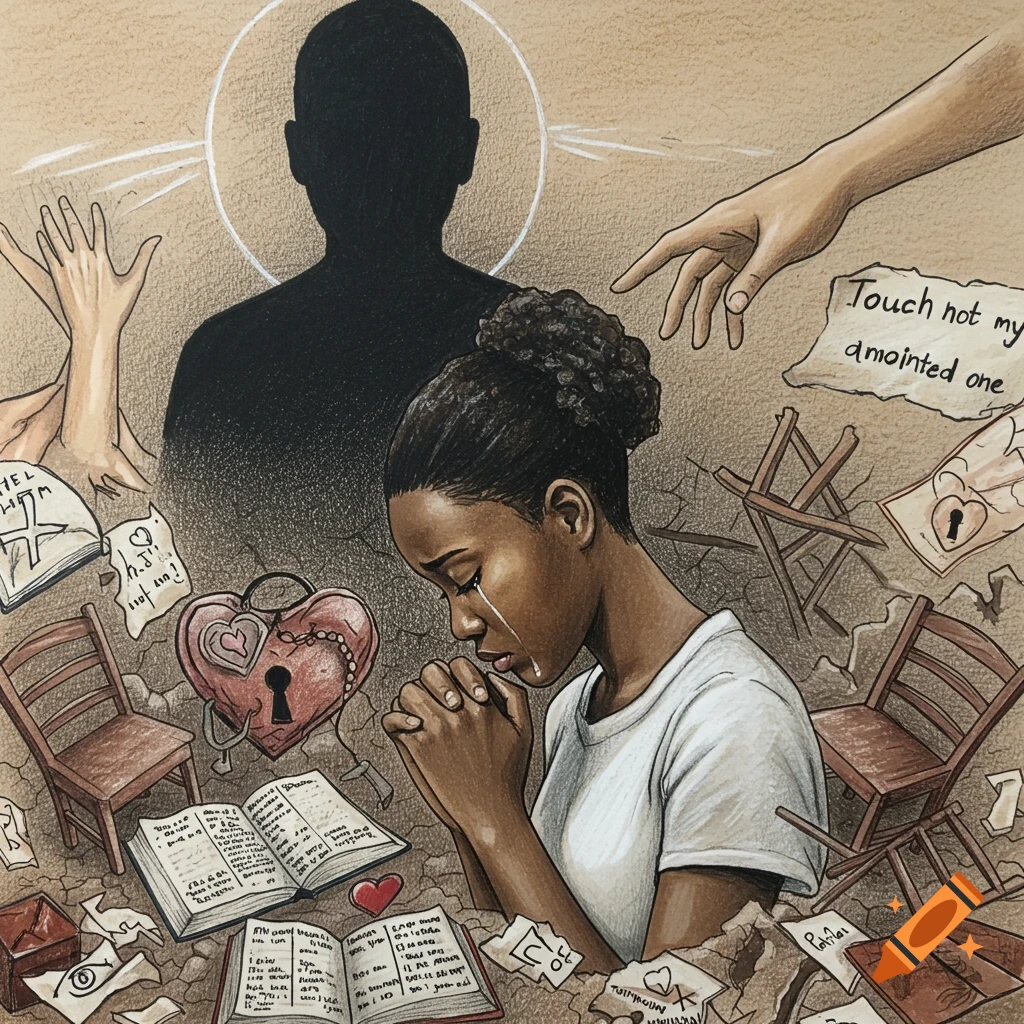 Drawing of a Black girl praying and crying, surrounded by symbolic elements like a shadowy figure, hands, books, chairs, and a locked heart.