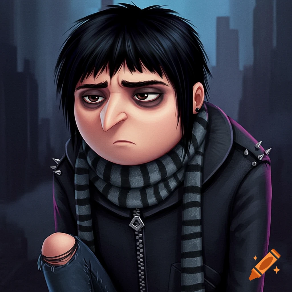 Painting of an emo version of Gru from Despicable Me, with dark makeup, spiked jacket, and striped scarf.