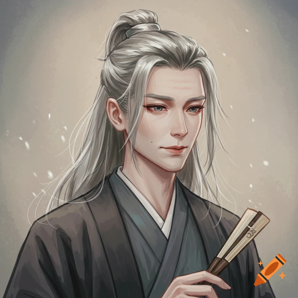 Older man with long gray hair holding a fan.