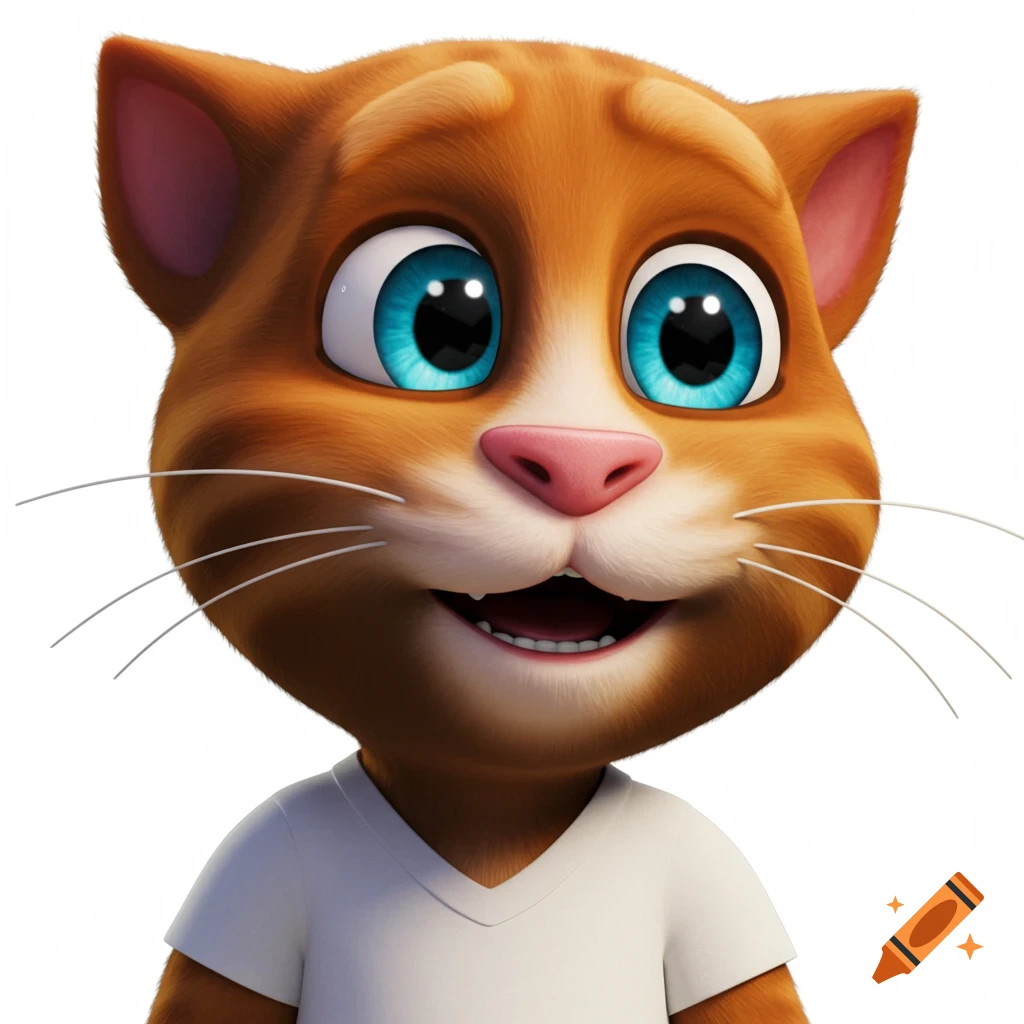 Close up of a smiling orange cartoon cat with blue eyes wearing a white t-shirt