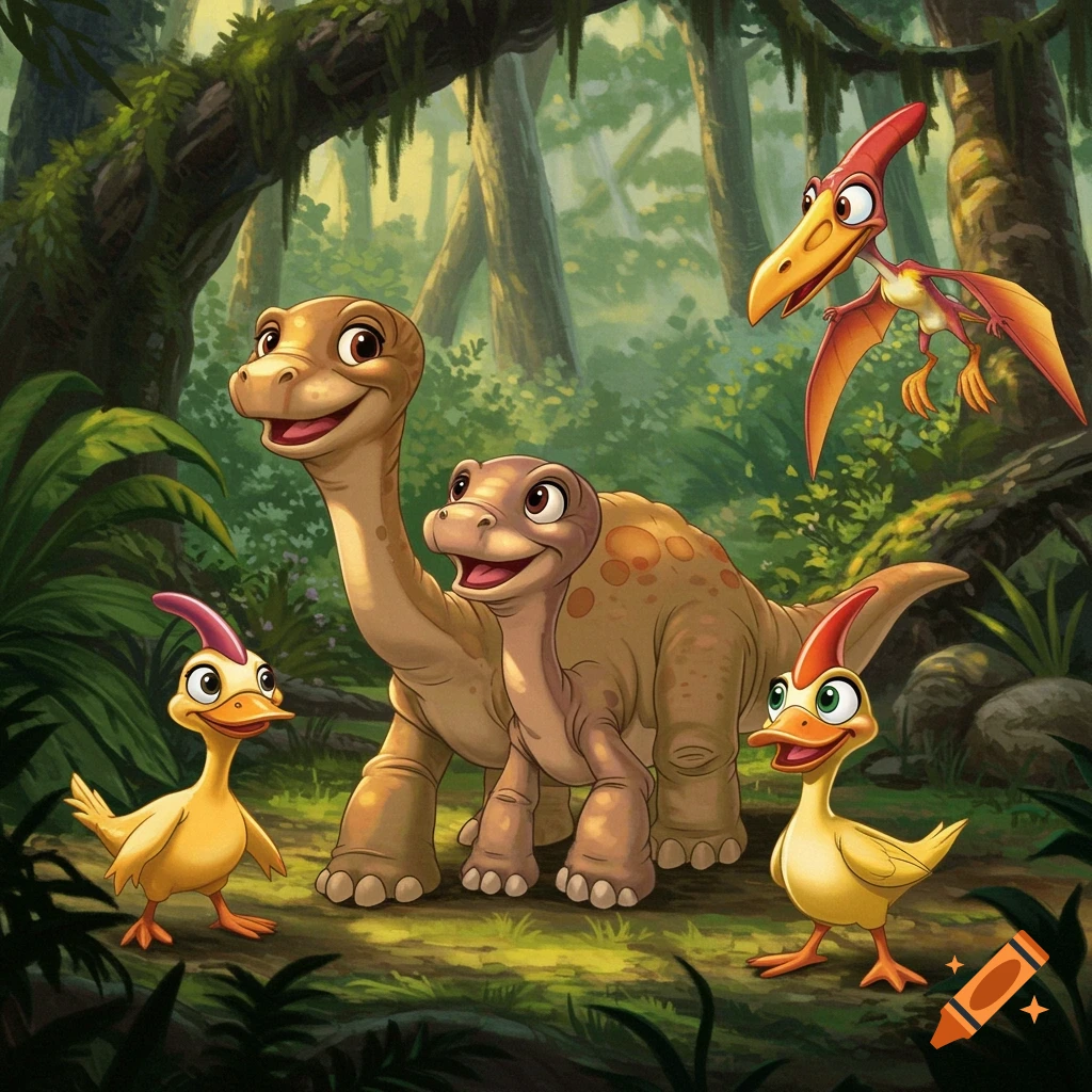 Cartoon dinosaurs and bird creatures stand together in a forest.