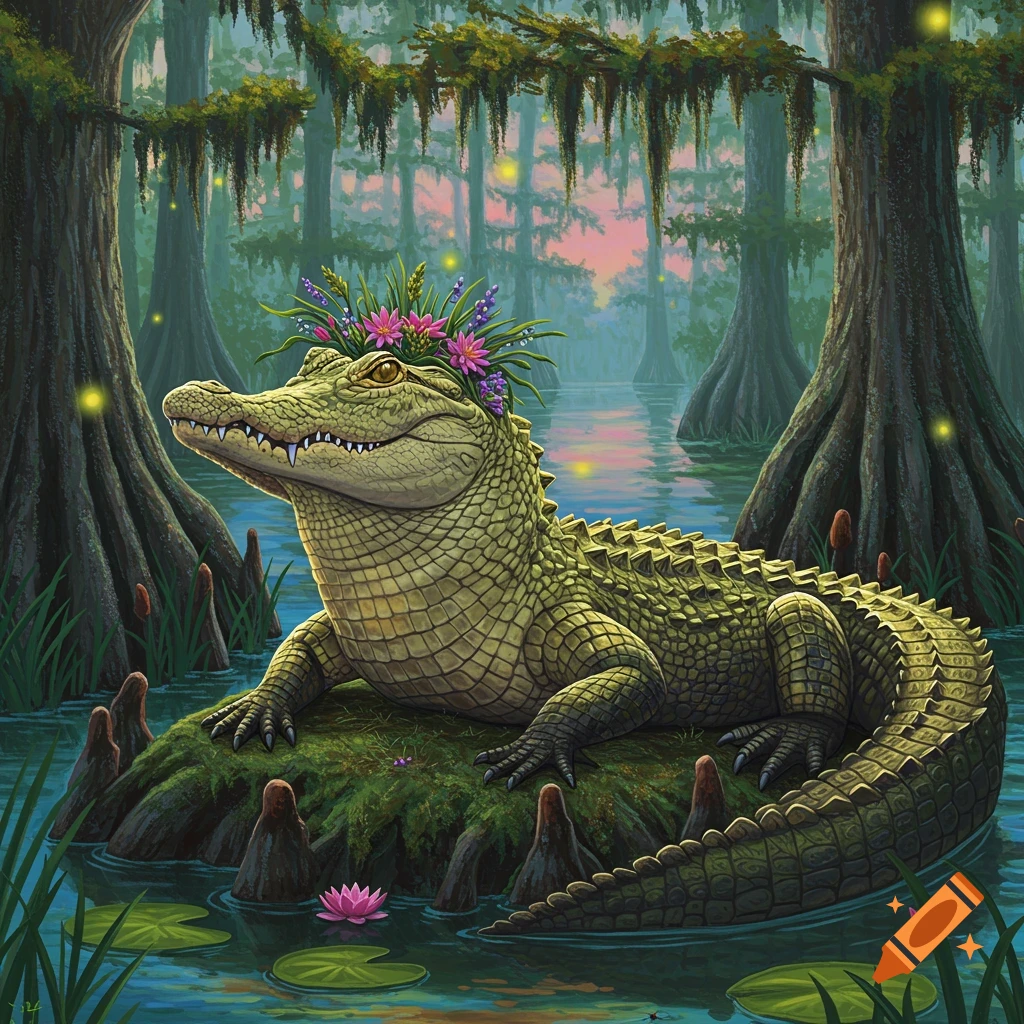 An alligator wearing a flower crown in a swamp.