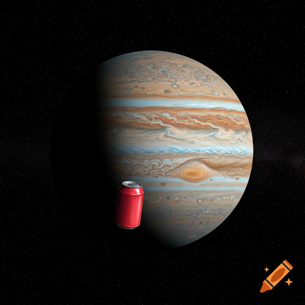 Jupiter in space with a red soda can floating next to it.