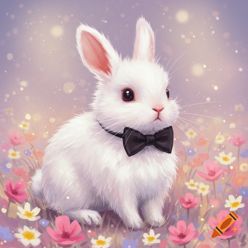A cute white rabbit wearing a black bowtie sits in a field of colorful flowers.