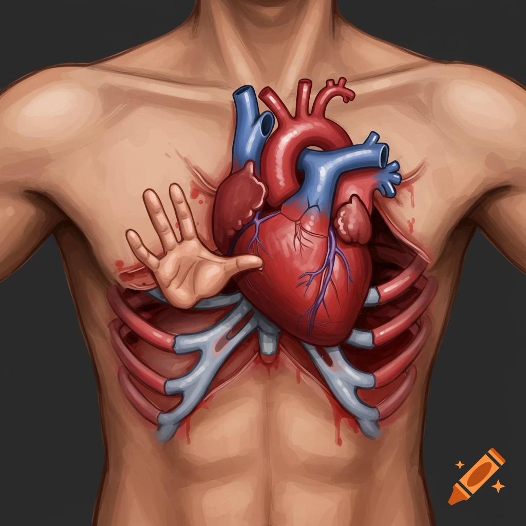 A heart with a hand knocking on a person's ribcage.