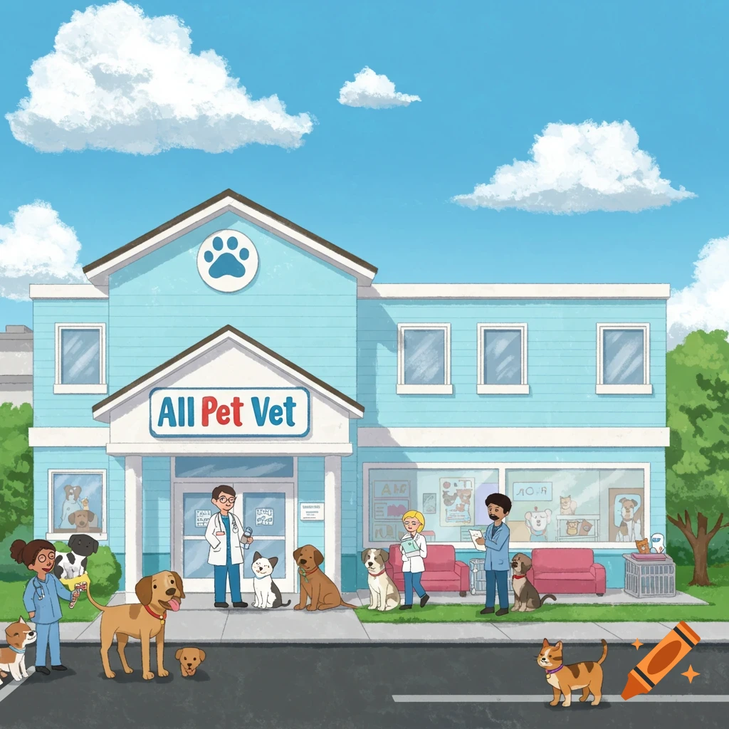 Cartoon illustration of an animal hospital named All Pet Vet with people and pets outside.