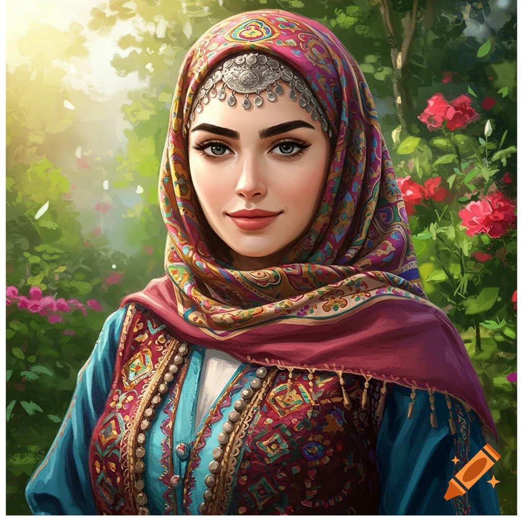 A woman in colorful traditional headscarf and embroidered clothing in a garden