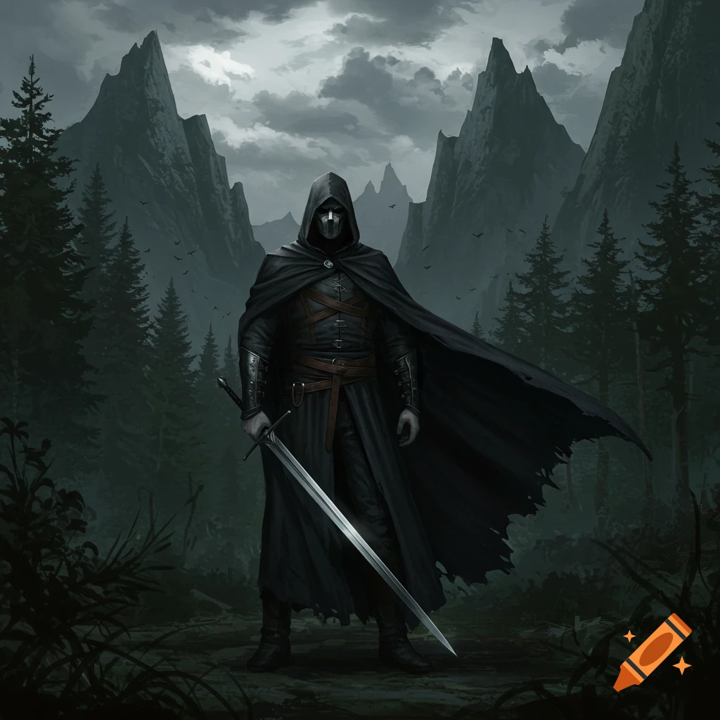 A hooded figure in a black cape holds a sword in a dark forest with mountains.
