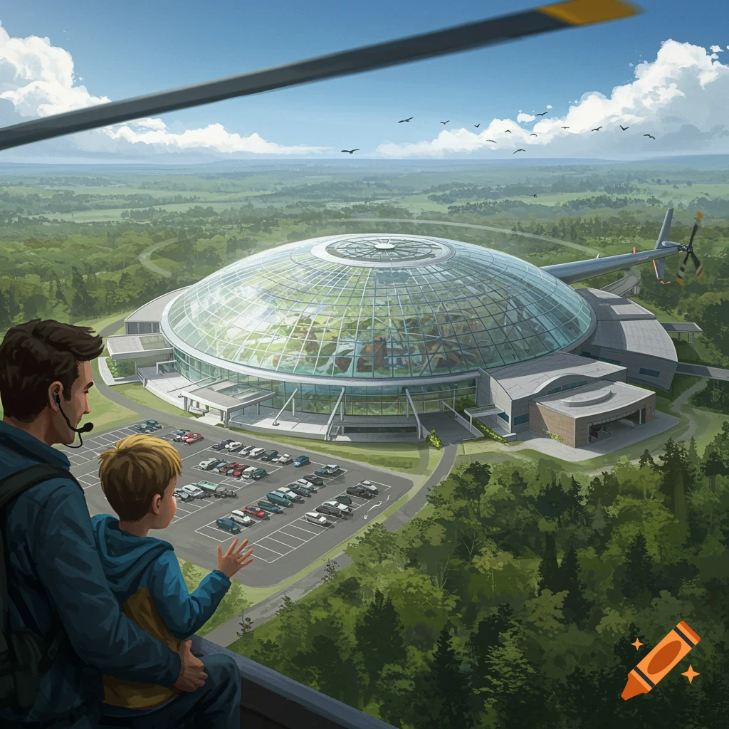 Father and son in helicopter look down at a large domed building, parking lot, and forest.