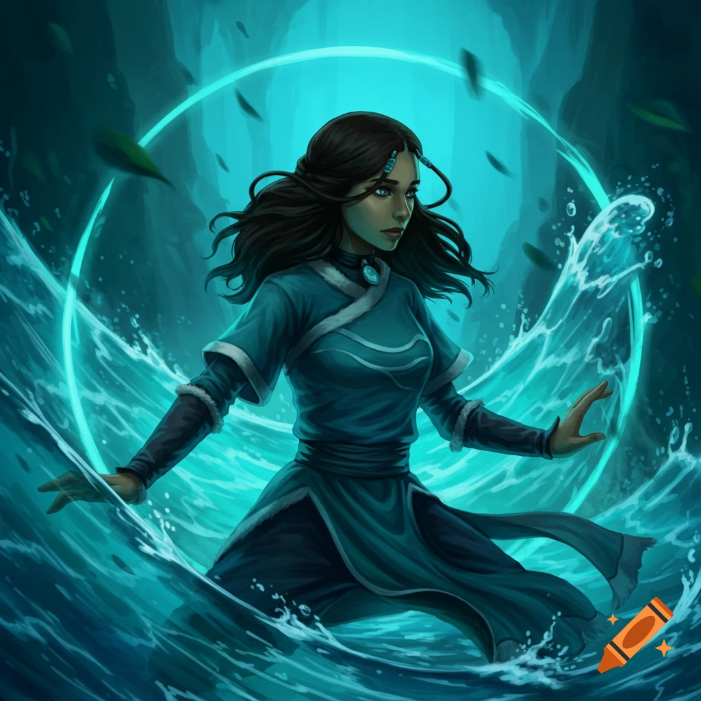 Katara from Avatar waterbending in a misty environment