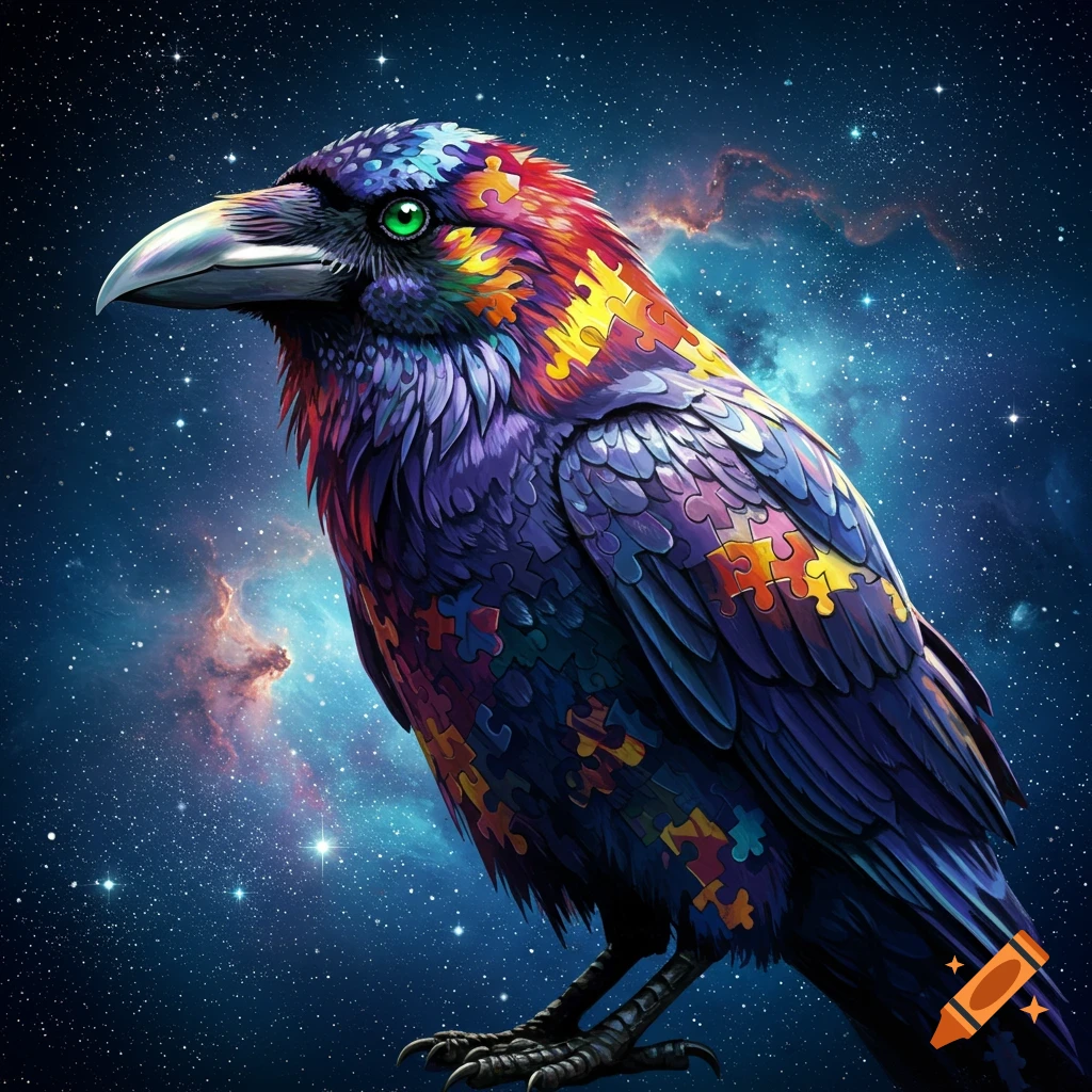 A raven covered in colorful puzzle pieces against a starry space background.