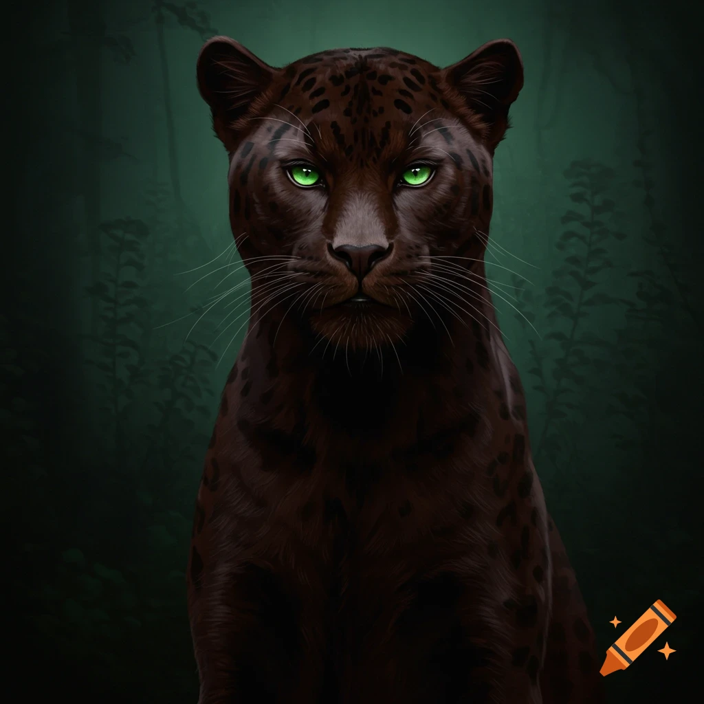 Portrait of a black panther with green eyes looking forward against a dark green jungle background.
