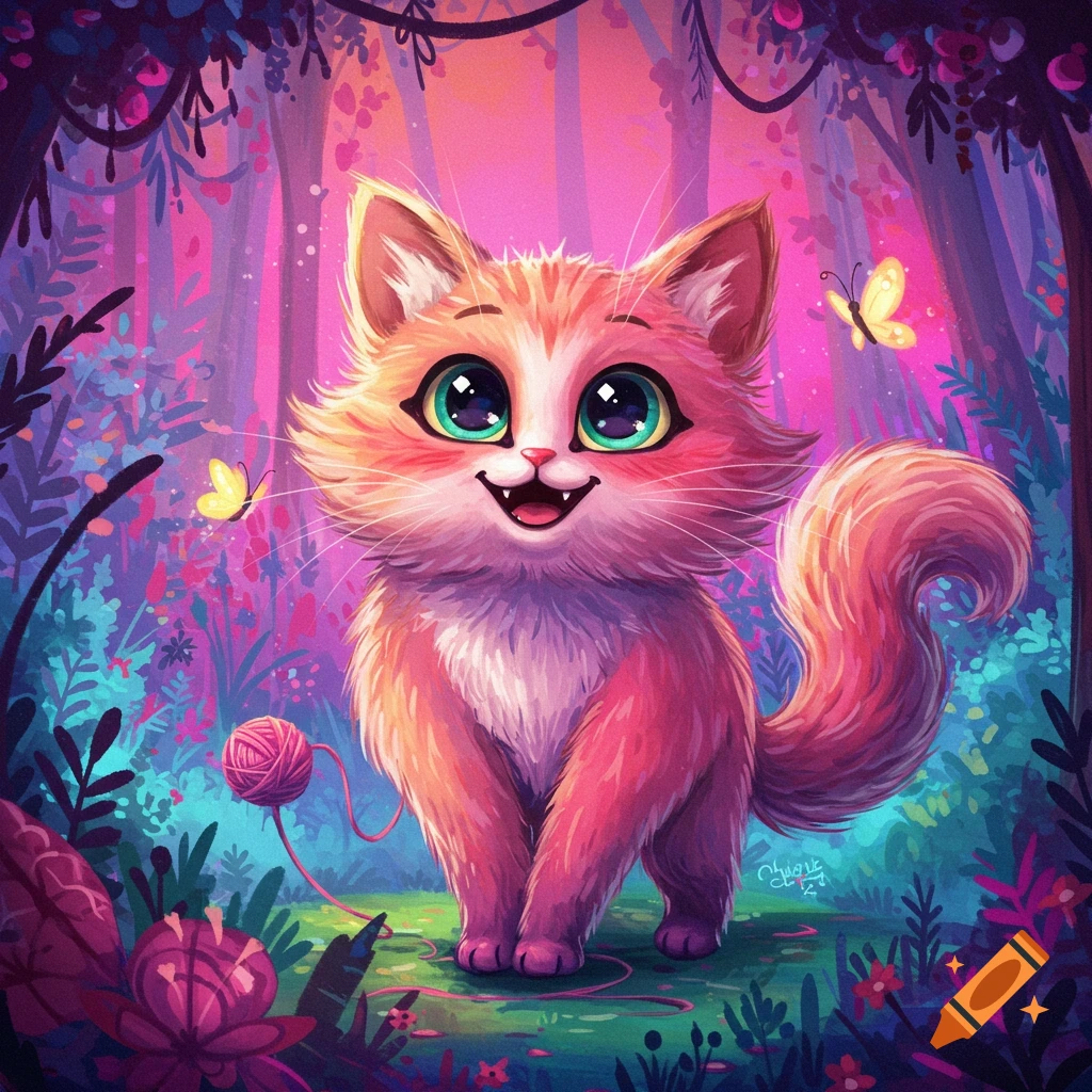 A cute orange cat with big green eyes smiles in a vibrant, colorful fantasy forest.
