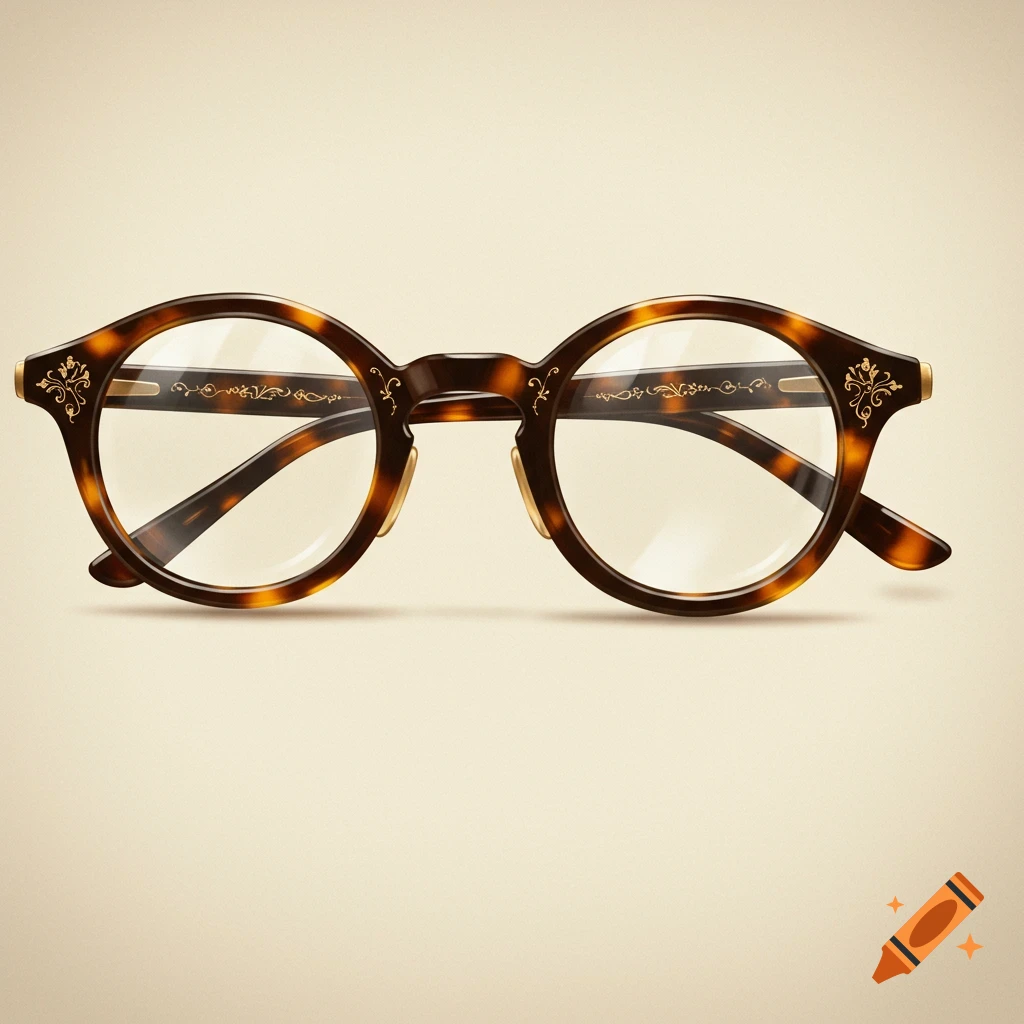 A pair of round tortoiseshell-patterned glasses with decorative gold accents.