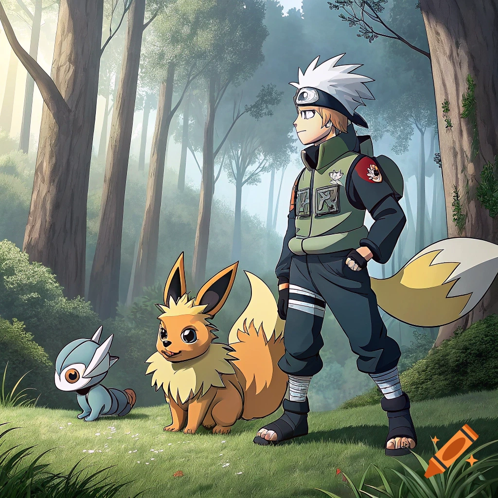 Anime character resembling Kakashi stands in a forest with creatures resembling Eevee and Lilipup.